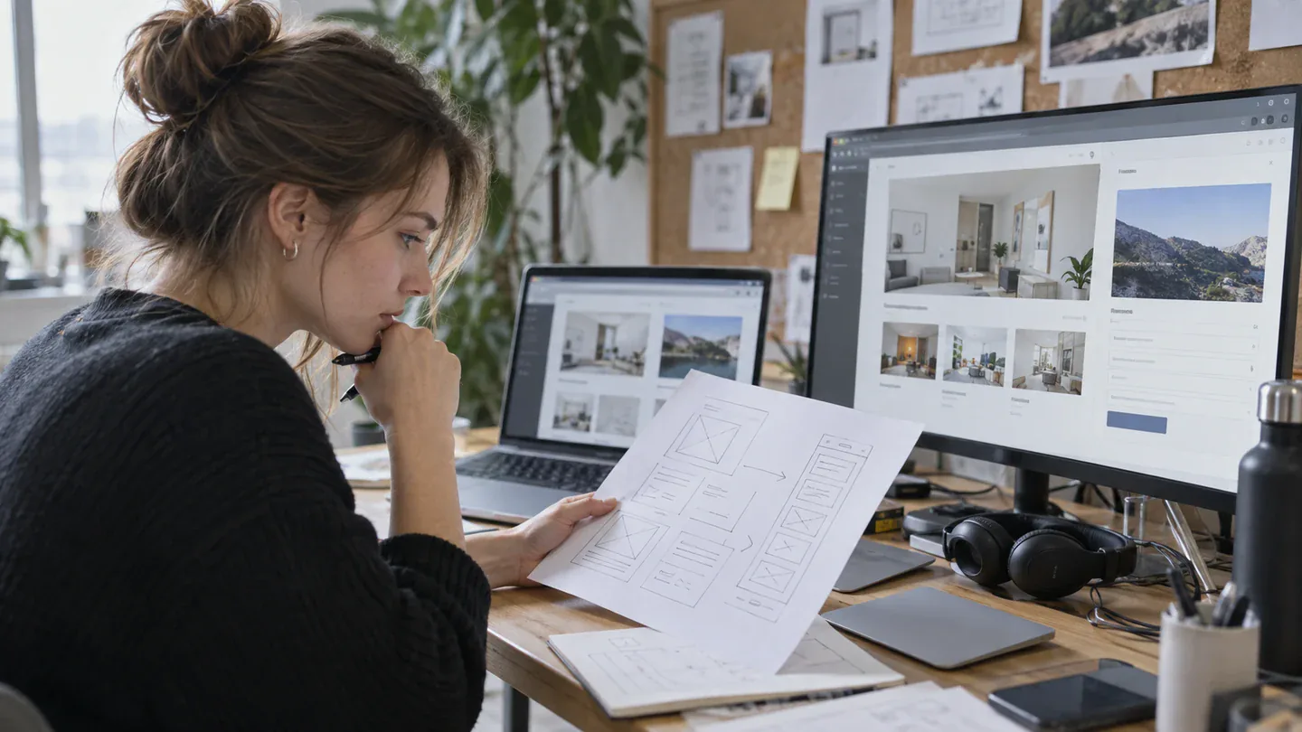 Молодая дизайнерка сравнивает wireframe с вариантами веб-интерфейса на экранах