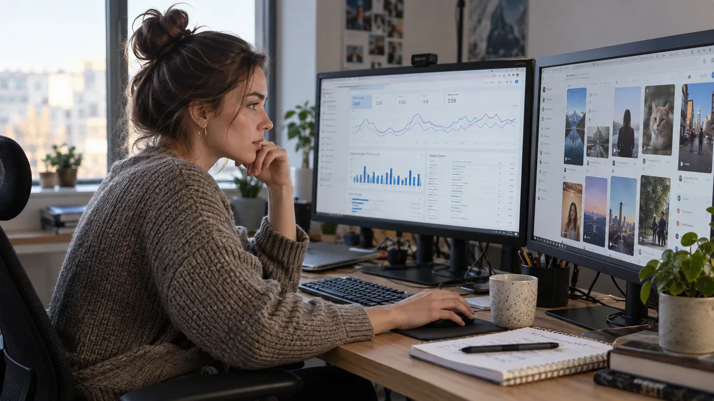 Молодая SEO-специалистка анализирует графики и поисковые отчёты на мониторе
